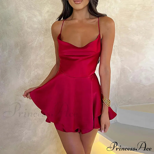 Elegant Sexy Backless Ruffled Halter Red Skirt Summer Evening Party Christmas Party Dress