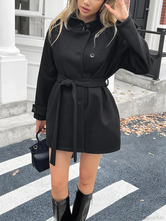 Elegant Solid Color Belted Wool Blend Coat Black / S