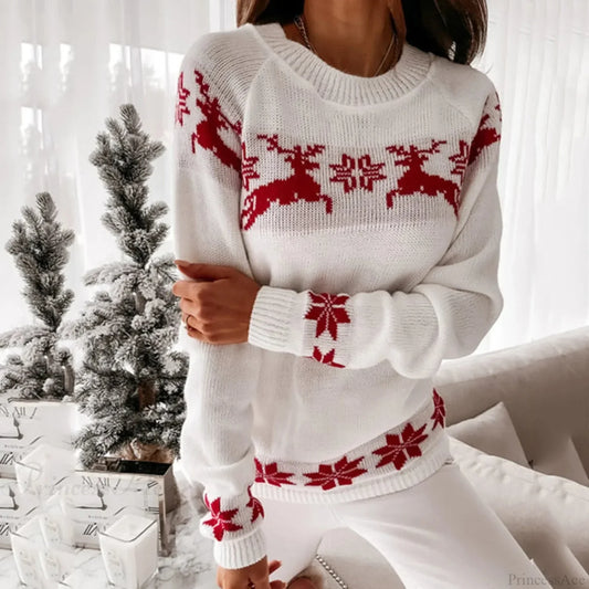 Elk Snowflake Christmas Sweater For Casual Autumn Winter Wear White / S Sweaters-L
