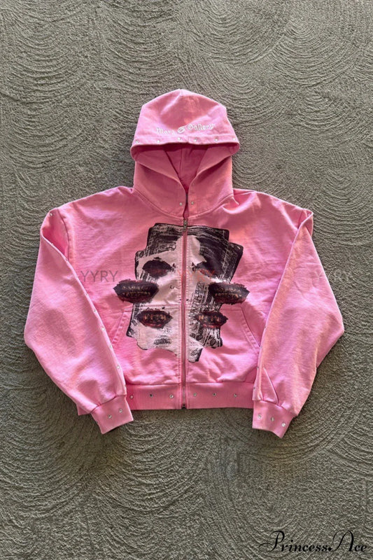 Embroidery Rhinestone Print Zip Hoodie