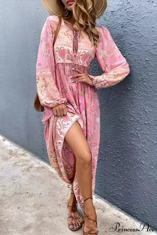 Ethnic Pink Floral Print Neck Tie Tassel Pleated Maxi Boho Dress