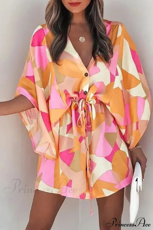 European Fashion Print V-neck Vacation Dress