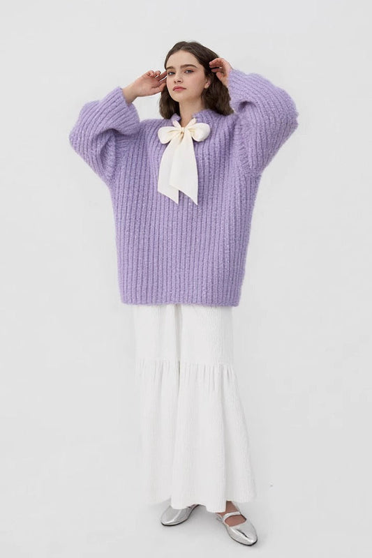 French-Style Bow Sequin Soft Luxe Lazy-Style Loose Knit Sweater