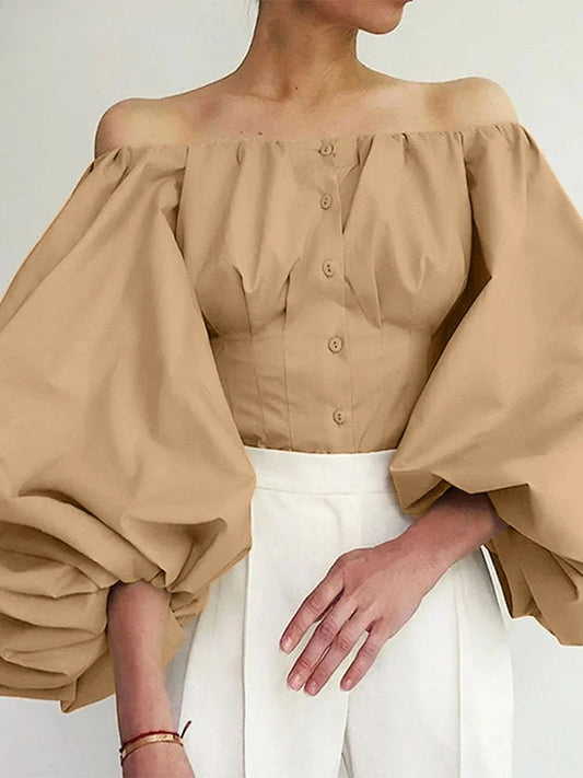 Solid Off-Shoulder Lantern Sleeve Fashion Bloshope