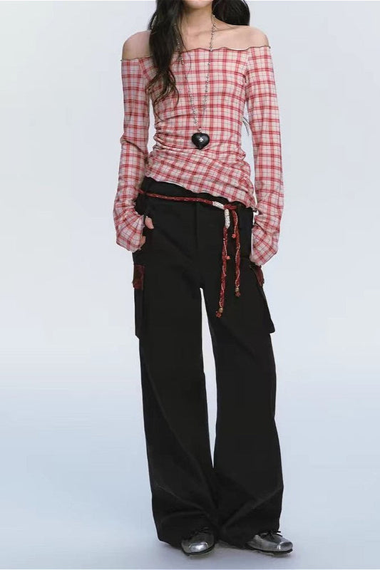 Off Shoulder Red Checkered Long Sleeve Bloshope