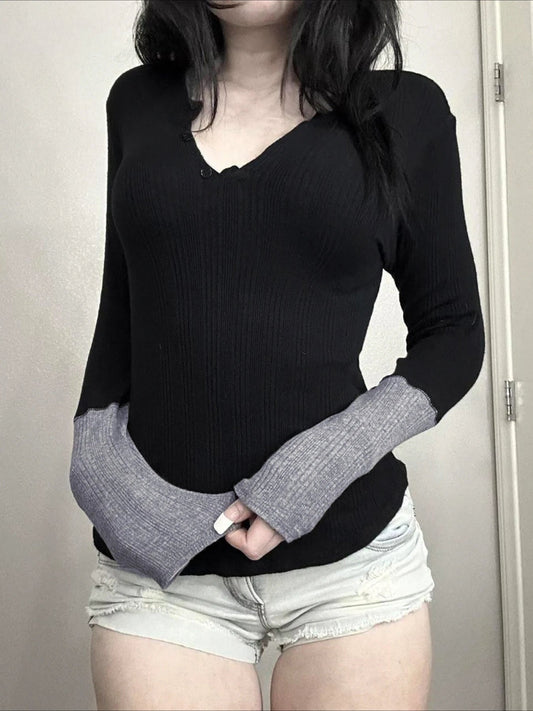Patchwork Knitted Slim O-Neck Long Sleeve Knit Top