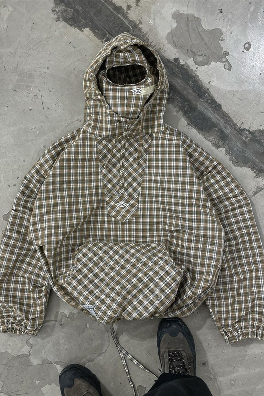 Vintage Plaid Half-Placket Masked Hoodie