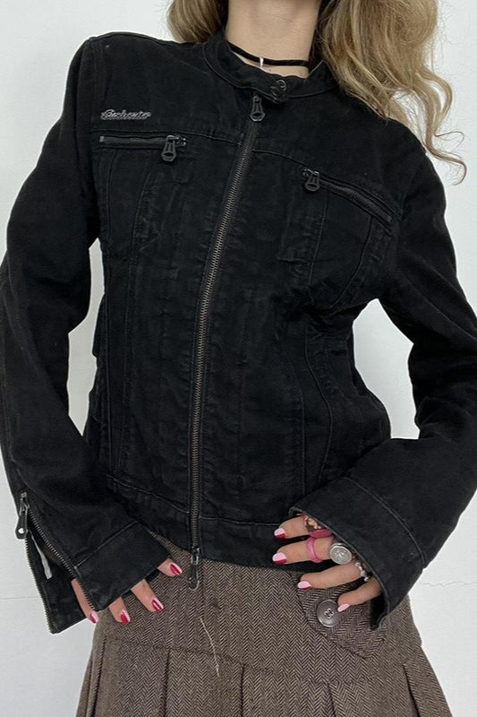 Distressed Black Denim Retro Casual Long-Sleeve Jacket