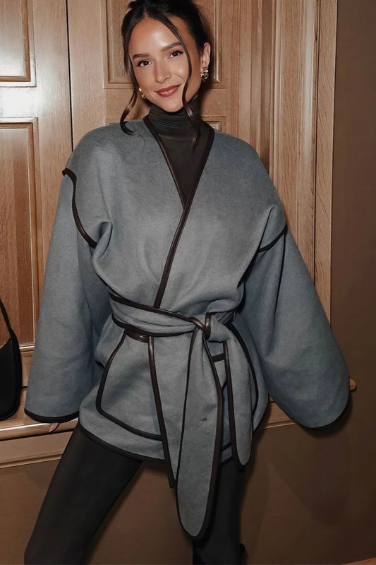 Chic Leather Pieced Two-tone Belted Coat