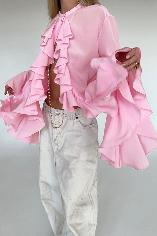 Elegant Ruffle Trim Button Bloshope