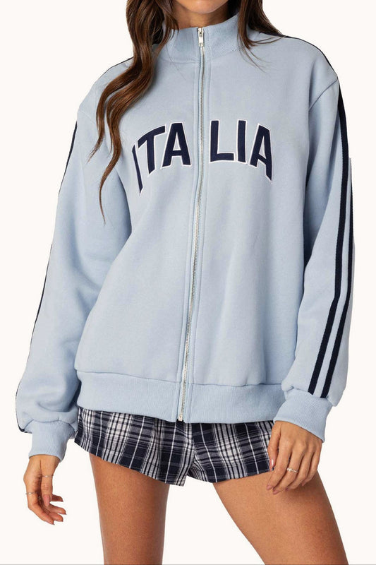 Stitched Letter Loose Mock Neck Zip Sweatshirt