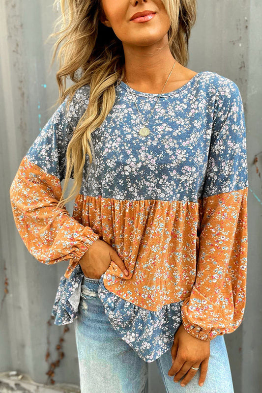 Round Neck Long Sleeve Floral Chiffon Bloshope