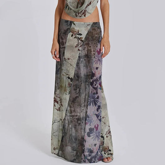 Retro Floral Print Long Patchwork Mesh Low Rise Skirt