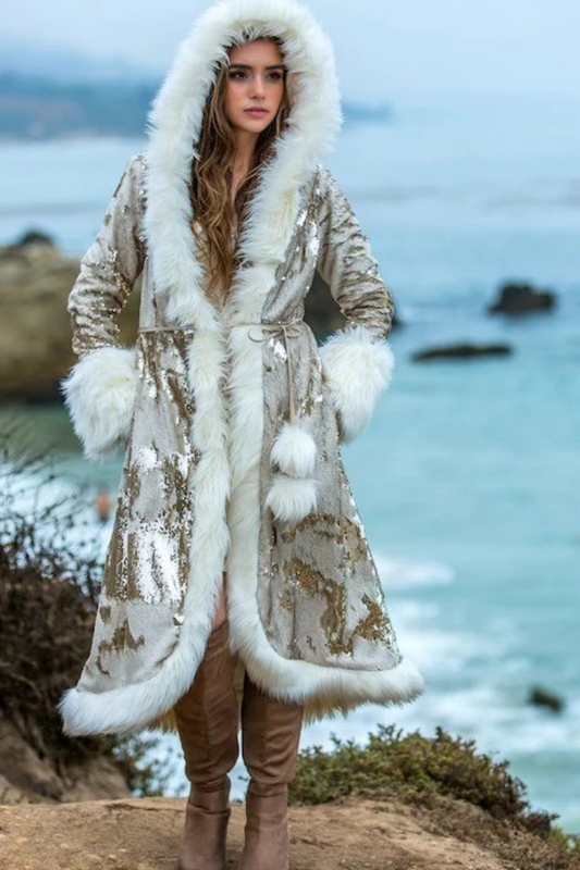 Faux Fur Sequin Hooded Cosplay Party Overcoat