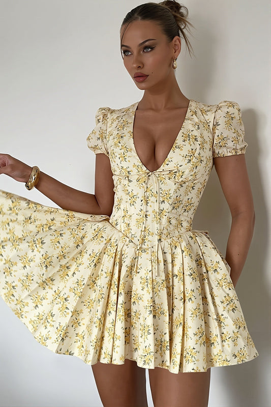 Floral Puff Sleeve Deep V Flared Mini Dress