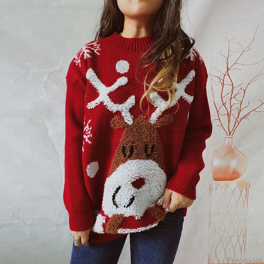 Fashion Casual Thickened Raglan Sleeve Elk Christmas Tree Sweater Red / S Sweaters-L