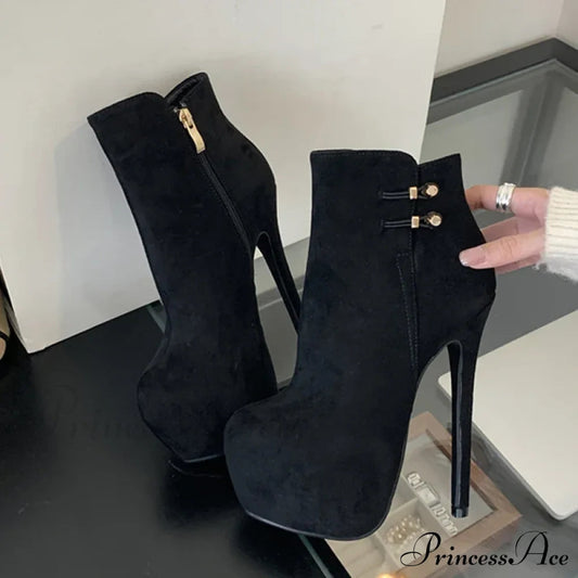Fashion Chic Elasticity Buckle Strap Women Platform Boots Zip Round Toe Pole Dance High Heels Shoes Black
