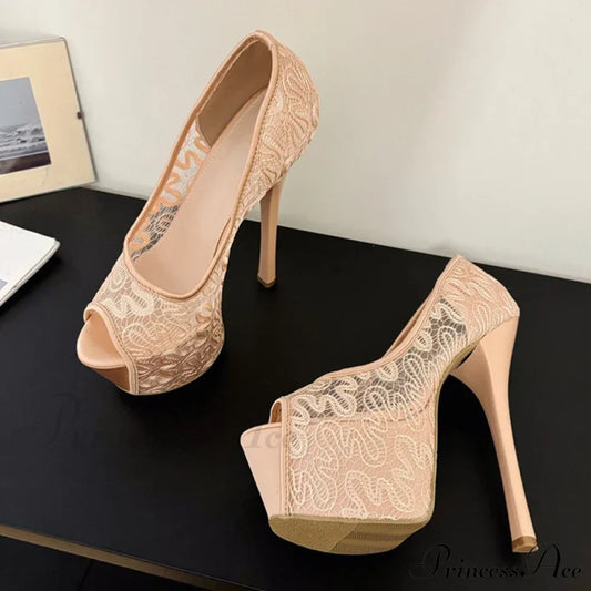 Fashion Design Embroidery Mesh Platform Pumps Women Sexy Slingback Peep Toe Pink High Heels Wedding Banquet Shoes