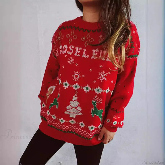 Fashion Korean Style Loose Pullover Christmas Red Sweater Sweaters-L