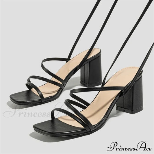 Fashion Narrow Band Ankle Cross-Strap Square Toe Banquet Party Low Heel Pump