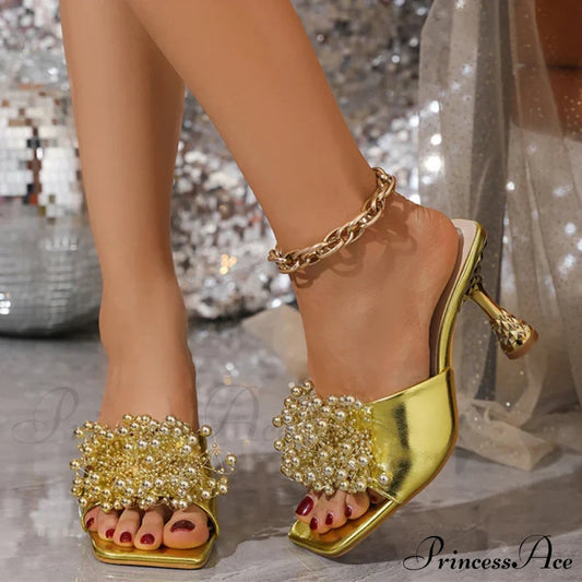 Fashion Pearl Leather Square Toe Mules Heels Beach Party Dress High Heel