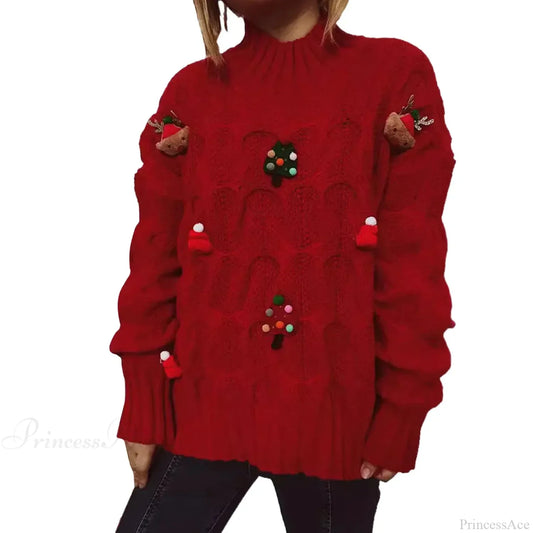 Fashionable Autumn Winter Xmas Loose Round Neck Print Knitted Christmas Sweater Red / S Sweaters-L