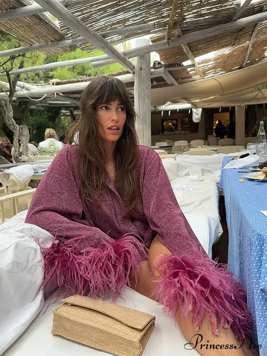 Solid Shiny Feathered Patchwork Stand Collar Coat