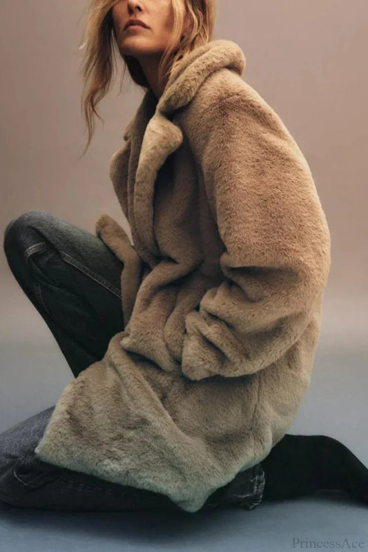 Faux Fur Lapel Long Sleeve Warm Overcoat