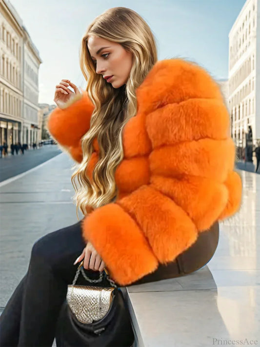 Faux Fur Patchwork Rabbit Fur Overcoat Camel / S