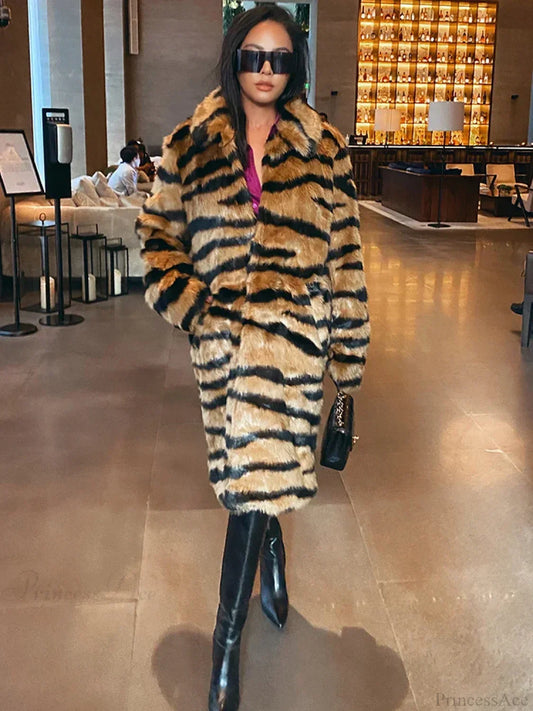 Faux Fur Tiger Striped Loose Overcoat