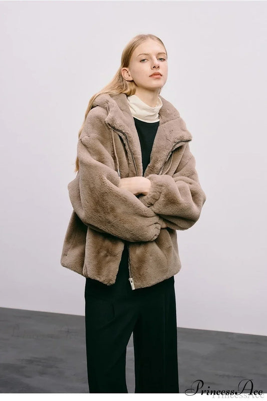 Faux Mink Rabbit Fur One Hooded Thick Coat