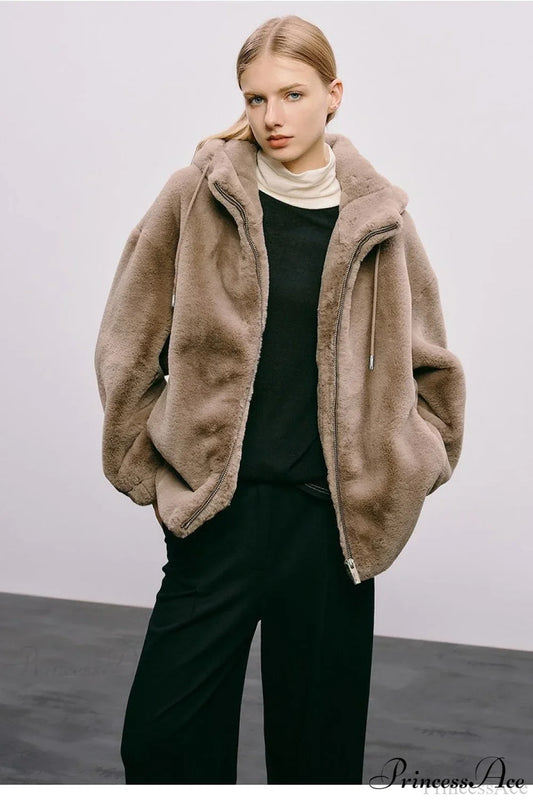 Faux Mink Rabbit Fur One Hooded Thick Coat Brown / S