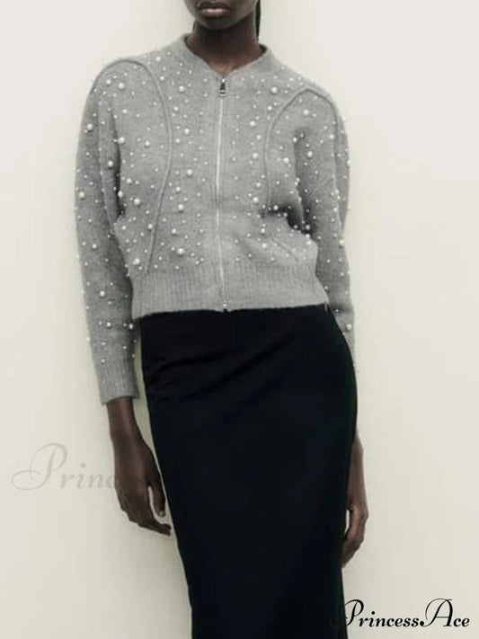 Faux Pearl Zip Knit Cardigan