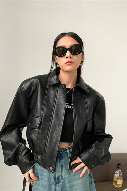 Short PU Leather Notch Lapel Jacket