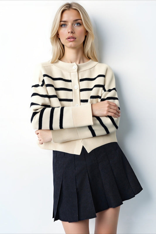 Crew Neck Striped Button Pocket Knit Cardigan