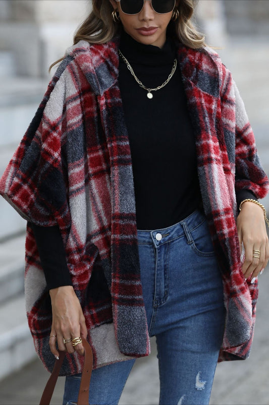 Fuzzy Plaid Hooded Short Sleeve Coat