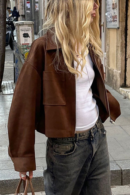 Collared Zipper Faux Suede Jacket