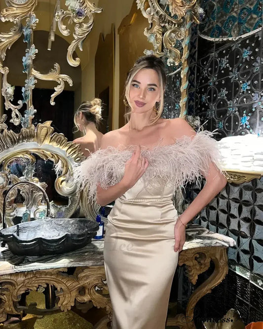 Feather Satin Off-Shoulder Party Dress