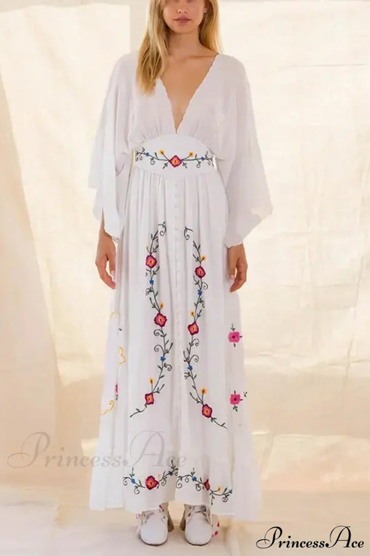 Flare Long Sleeve Deep V-neck Cotton Dress