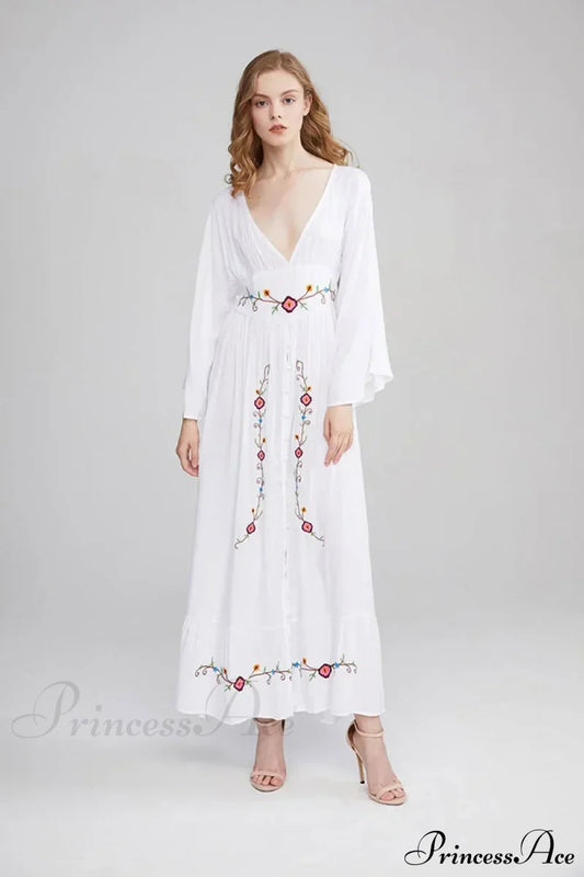 Flare Long Sleeve Deep V-neck Cotton Dress