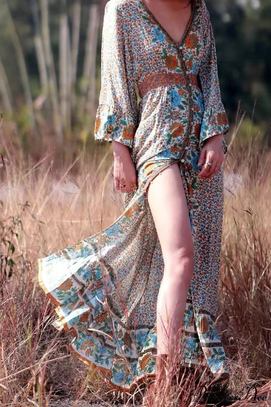 Flare Sleeve Button Down Printing Chic Boho Dress