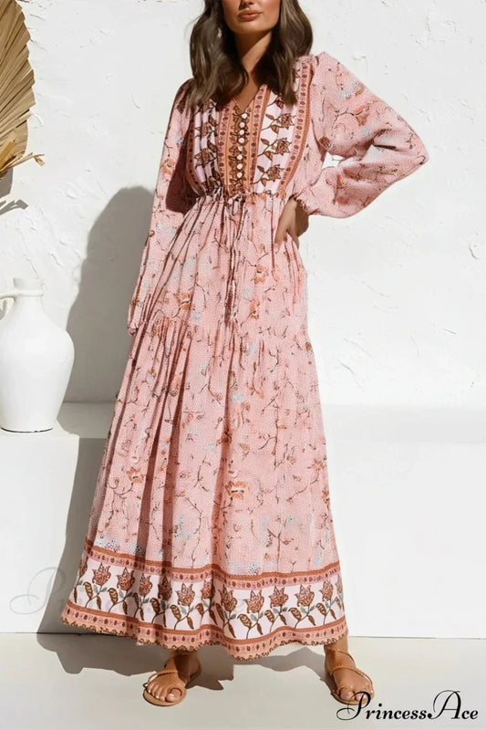 Flare Sleeve Purple Floral V-neck Maxi Boho Dress