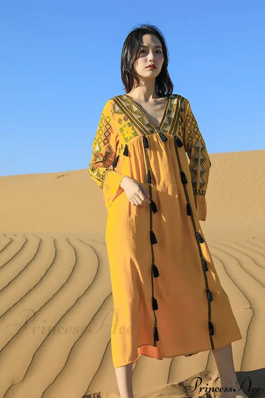 Flare Sleeve Tassel Vintage Style Floral Boho Dress