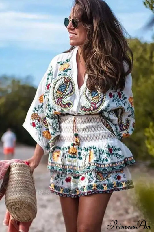 Floral Embroidery Boho Batwing Sleeve Dress