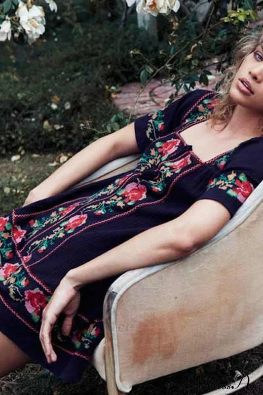 Floral Embroidery Cotton Square Collar Mini Dress Party Women Dress