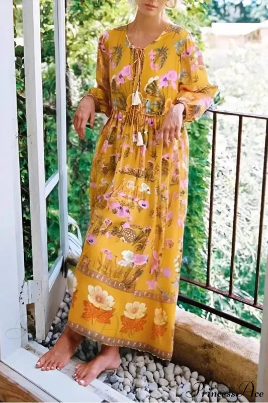 Floral Flare Sleeve Ruffles Cotton Boho Dress