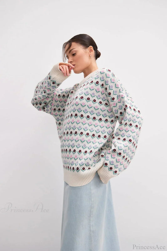 Floral Jacquard Crew Neck Knit Sweater