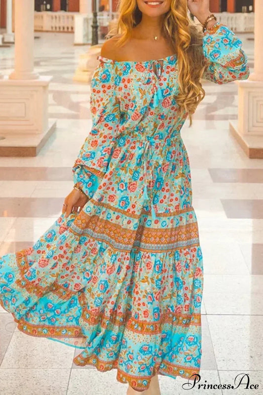 Floral Long Sleeve Belt Tassel Off Shoulder Boho Dress