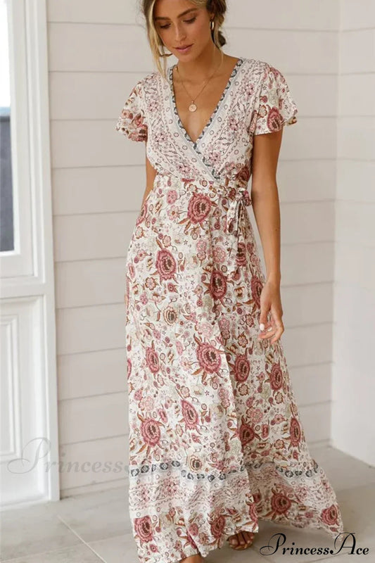 Floral Print Bat Sleeve Sashes Wrap Maxi Boho Cover-ups