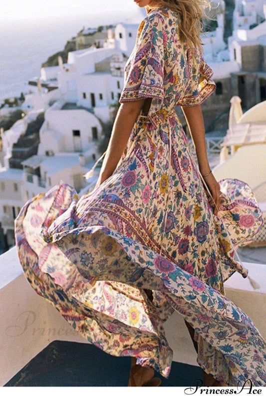 Floral Print Bat Sleeve V-neck Tassel Maxi Rayon Boho Dress